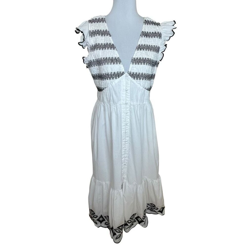 Anthropologie The Peregrine Midi Dress Embroidered Smocked Black & White Size La